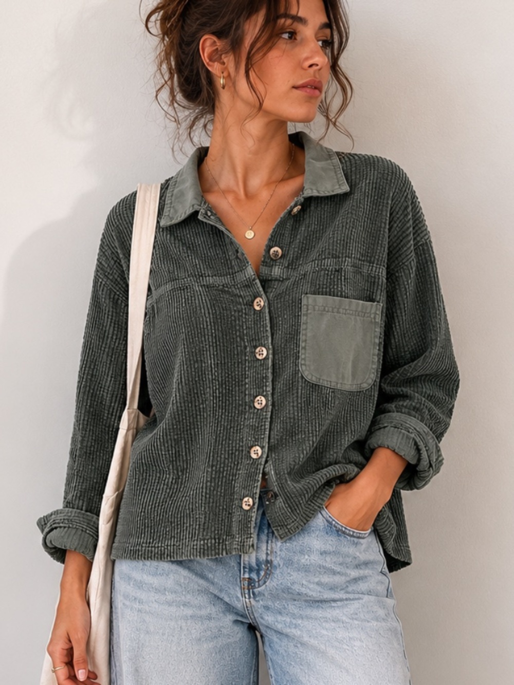 Studio Ease Sage Green Corduroy Overshirt Relaxed Utility Button Front 22W